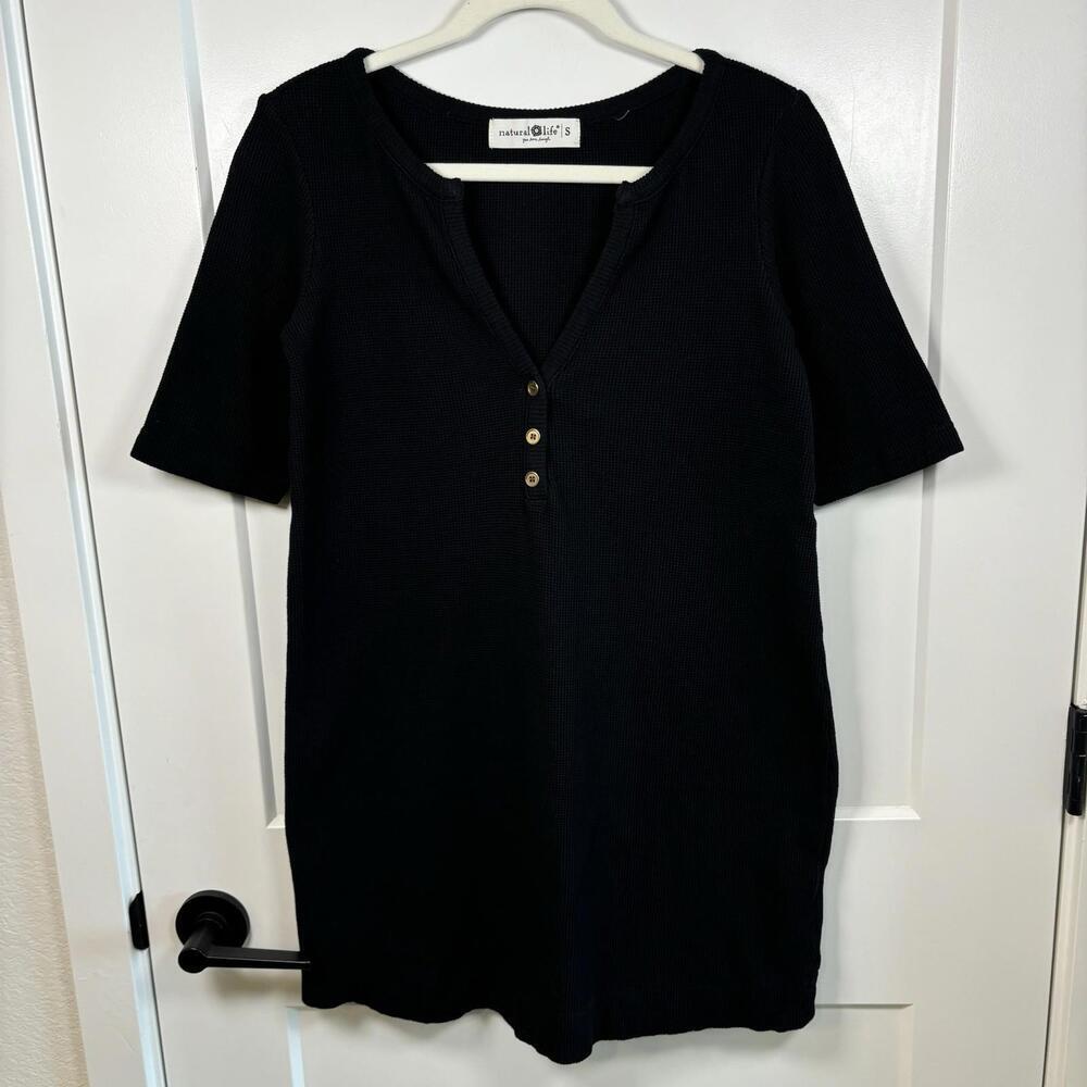 Natural Life Black Waffle Knit Shirt Dress Womens Size S Boho Bohemian EUC